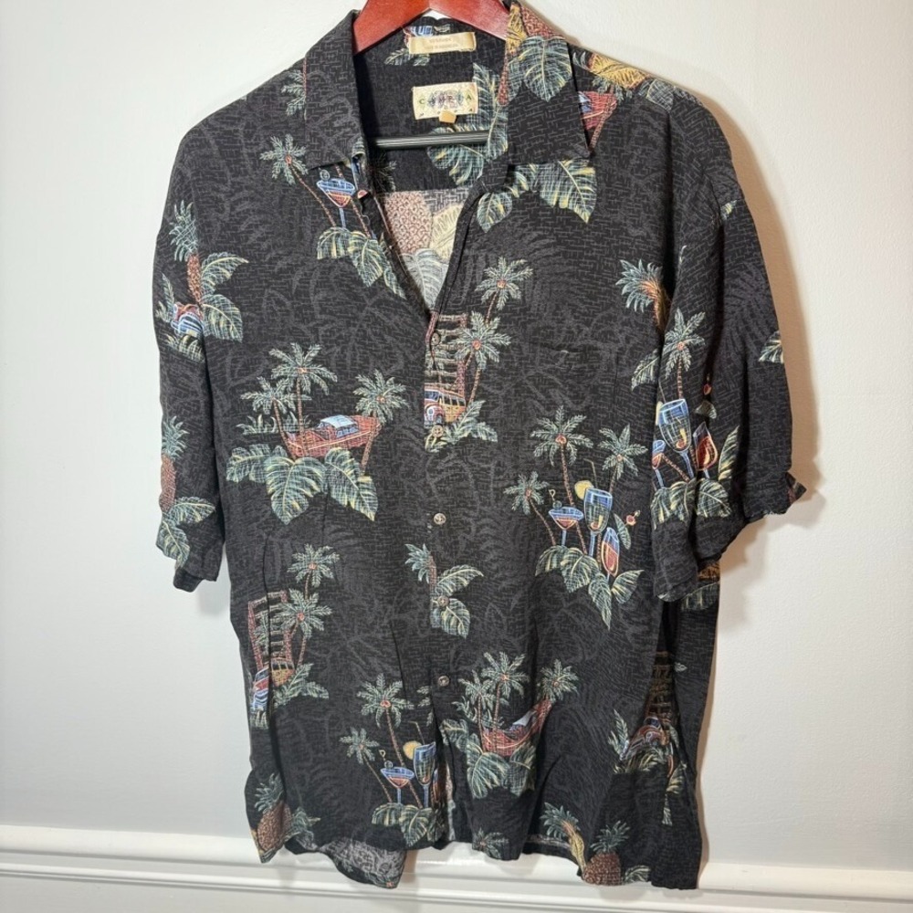 Hawaiian Shirt Mens XL Island Vacation Coastal cocktail car boat Palm Tree Black